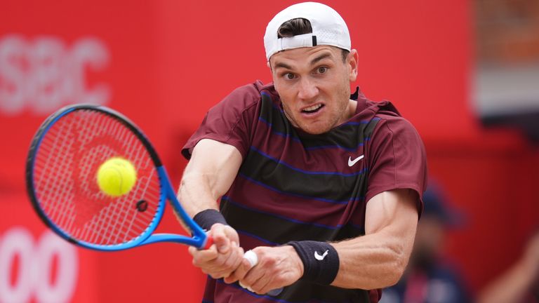 Jack Draper plays a backhand shot in his semi-final match at Queen's Club