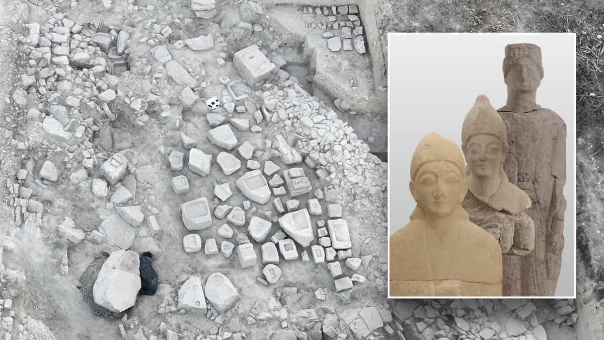 Split image of rubble and large statues