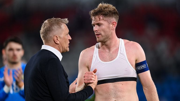 Republic of Ireland head coach Heimir Hallgrimsson, left, with Nathan Collins of Republic of Ireland after the draw with Luxembourg