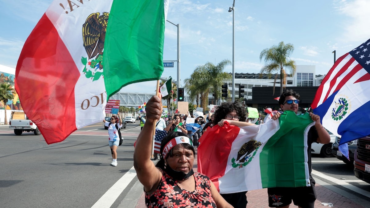 Los Angeles, CA. June 14, 2025  Protesters in front of the Intuit Dome before the Concacaf Gold Cup Mexico versus Dominican Republic in Inglewood on Saturday, June 14, 2025. 