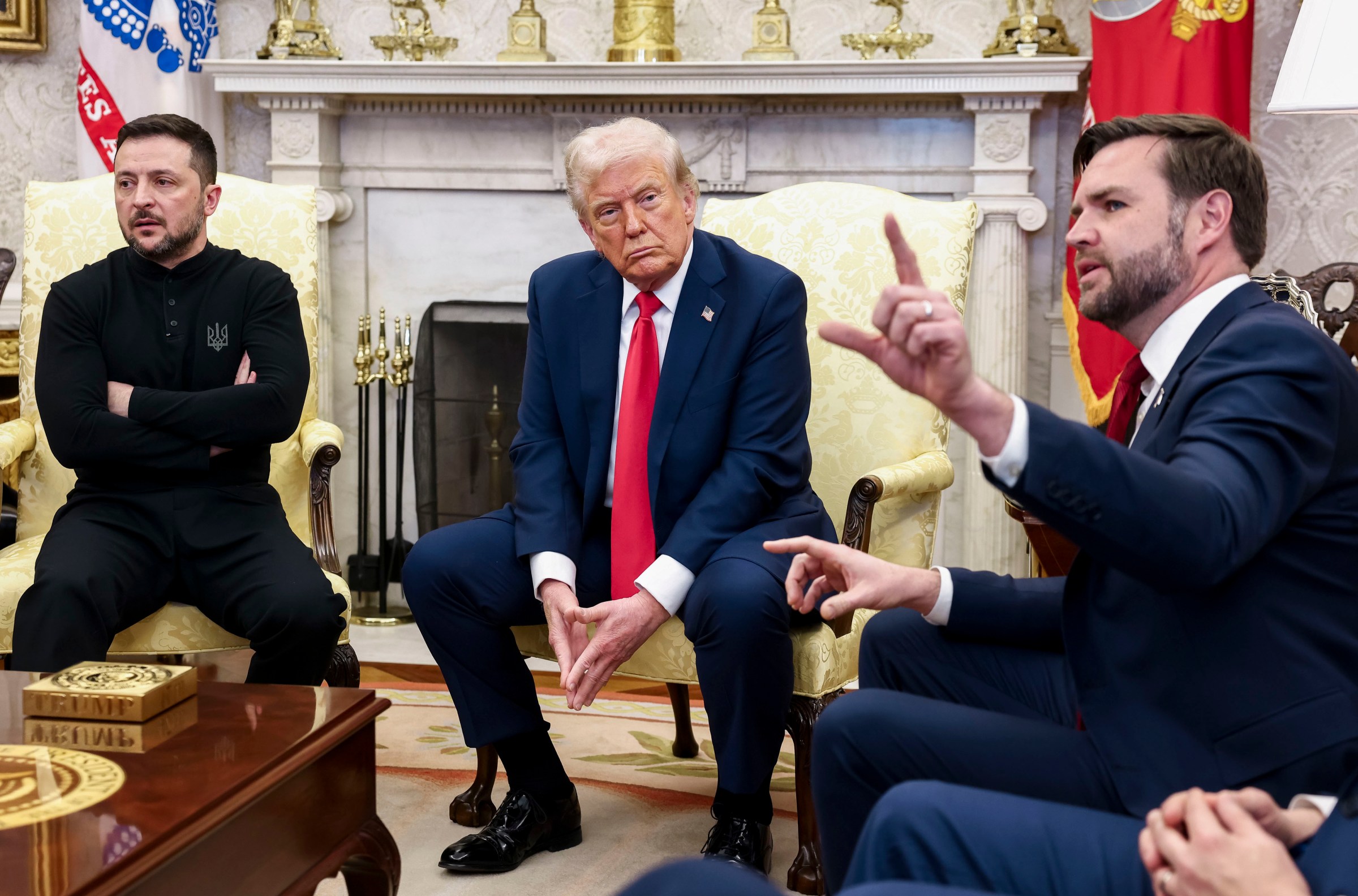 From left, Ukraine’s President Volodymyr Zelenskyy, President Donald Trump, and Vice President JD Vance during a meeting in the Oval Office of the White House in Washington, DC, on February 28.