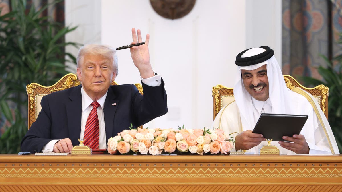 President Donald J. Trump and Emir of Qatar Tamim bin Hamad al Thani attend a signing ceremony at the Amiri Diwan, the official workplace of the emir, on May 14, 2025, in Doha, Qatar. (Photo by Win McNamee/Getty Images)