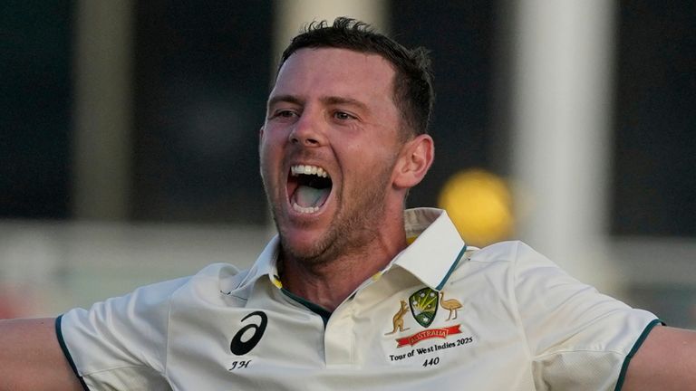 Australia's Josh Hazlewood appeals on day three of the first cricket Test match against West Indies at Kensington Stadium in Bridgetown