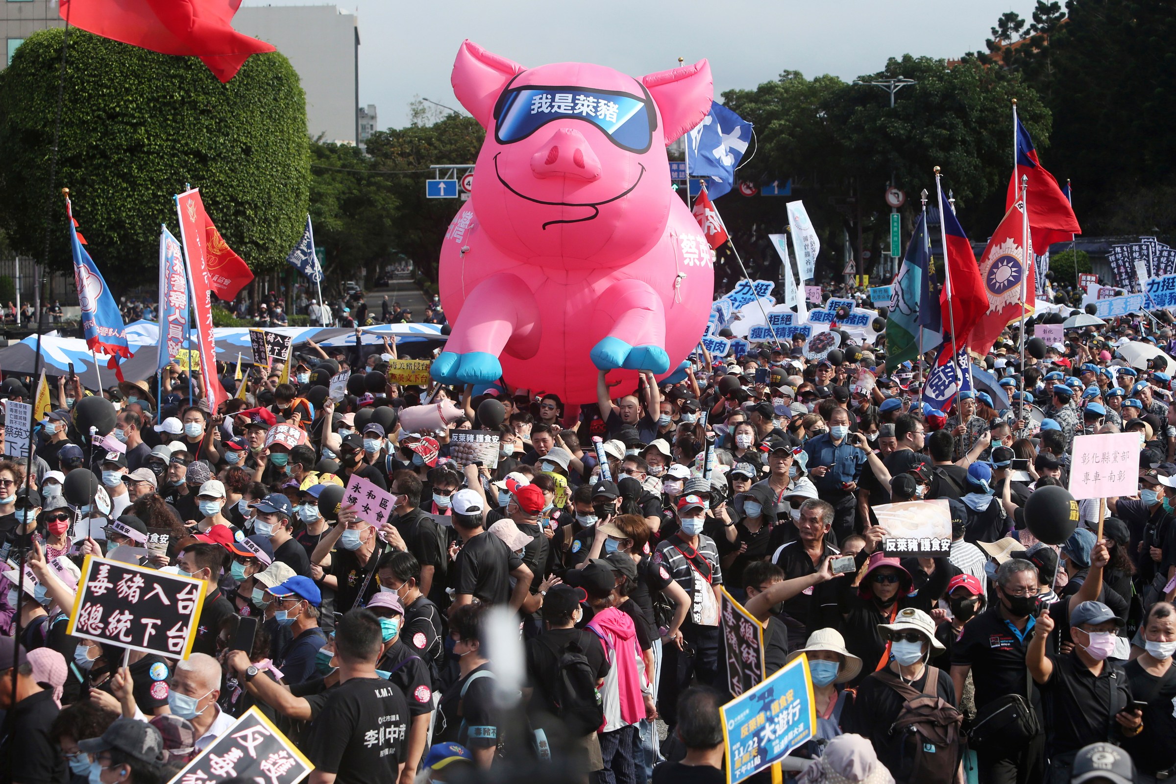 an inflatable pig with the words “I am a ractopamine pig” written on it flying above demonstrators in Taiwan