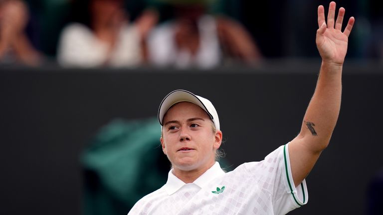 Sonay Kartal celebrates victory over Viktoriya Tomova on day three of the 2025 Wimbledon Championships at the All England Lawn Tennis and Cr