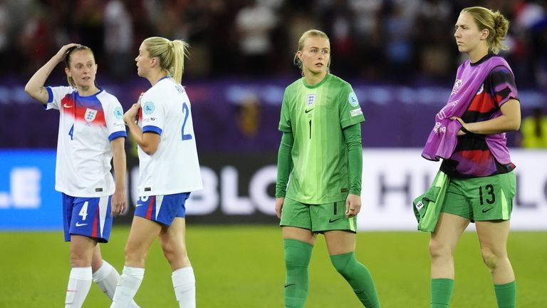 England Women players react after being beaten by France Women