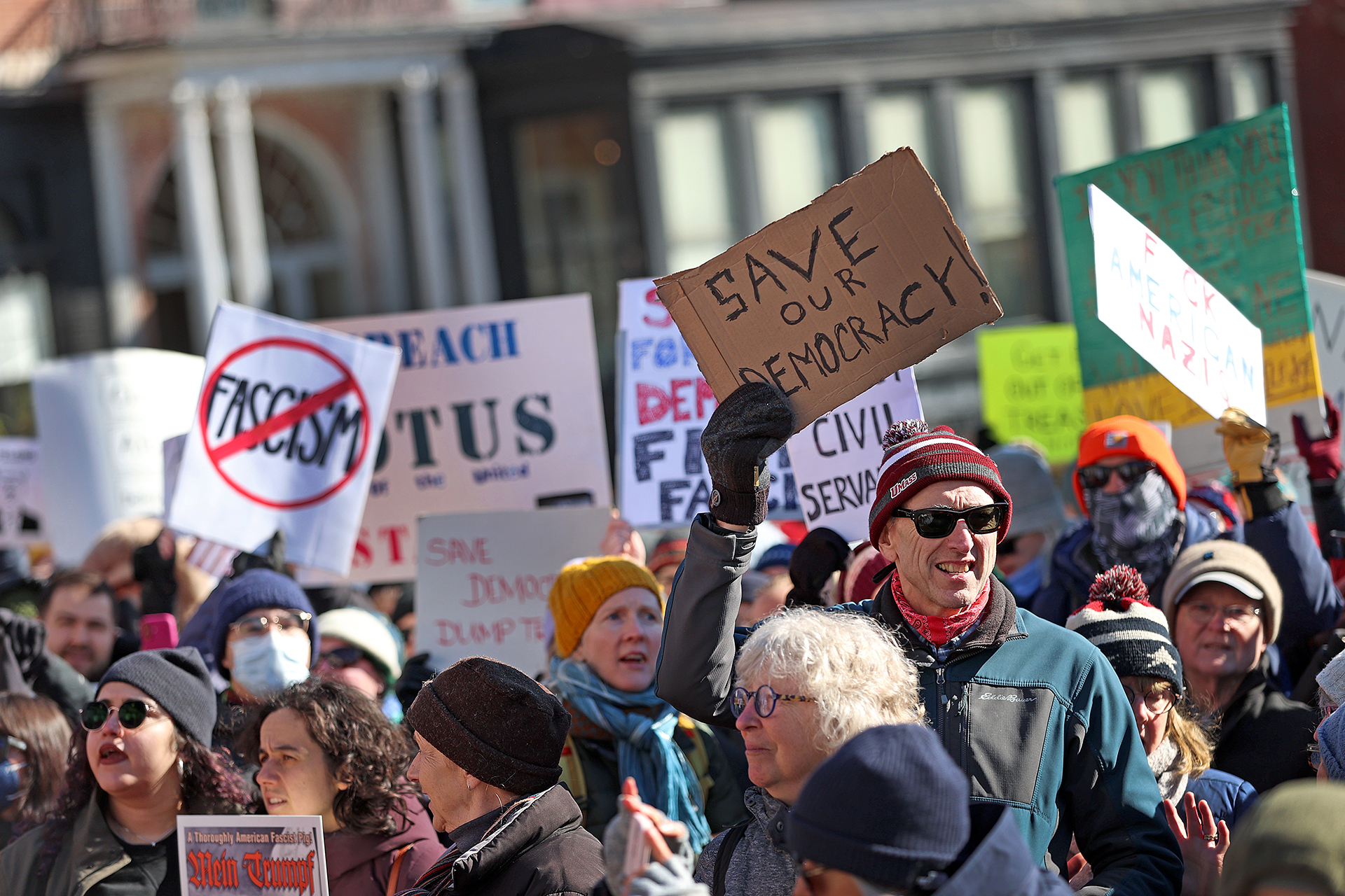 A protest against fascism at the Massachusetts State House