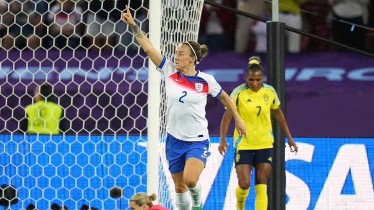 Lucy Bronze celebrates after scoring England's first goal against Sweden