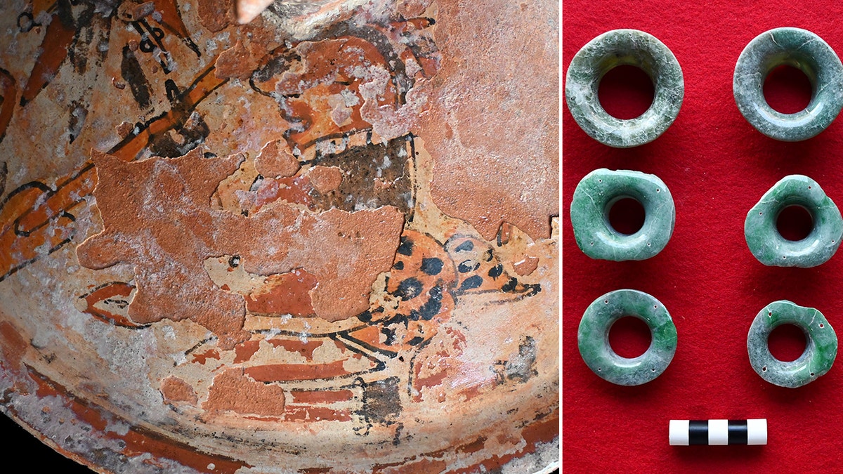 Split image of pottery close-up and jade earrings