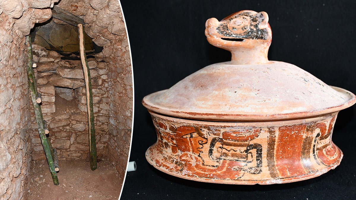Split image of tomb site, ancient pottery