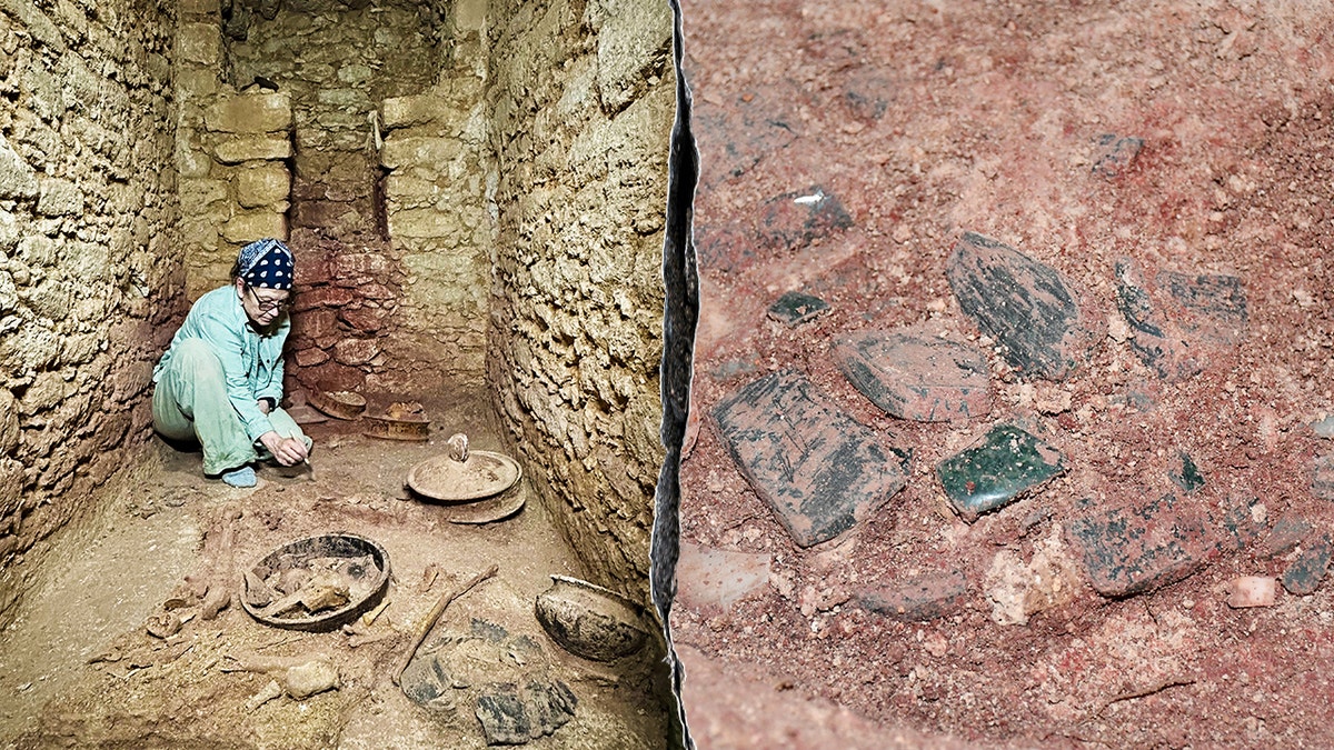 Split image of Diane Chase working and jadeite mask