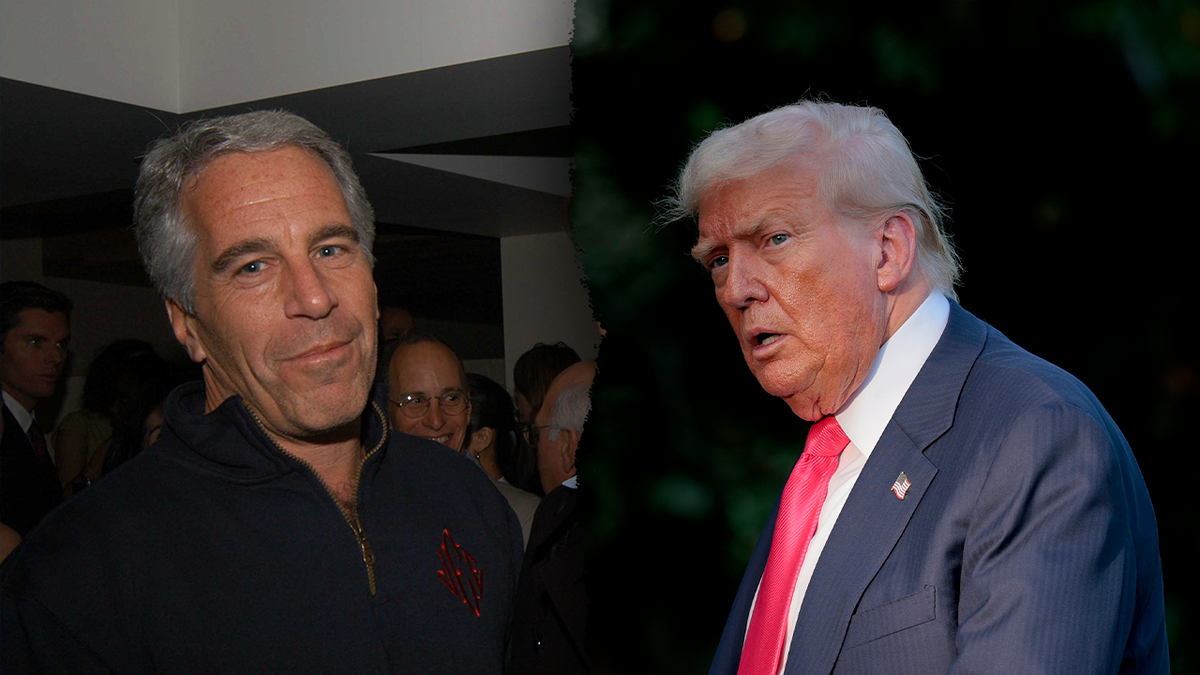 A split Image showing Jeffrey Epstein at a party and President Trump walking across the White House lawn