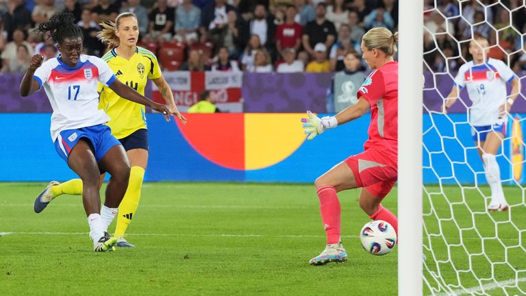 England's Michelle Agyemang shoots to score her side's second goal past Sweden