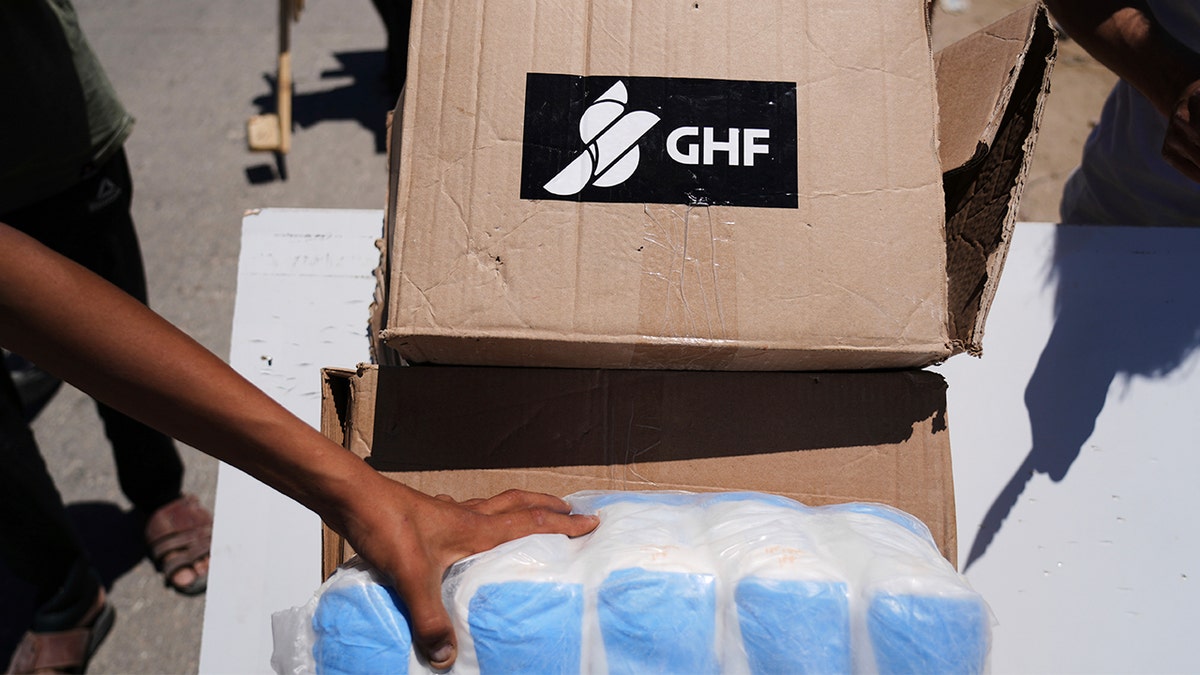 Cardboard box with Gaza Humanitarian Foundation logo