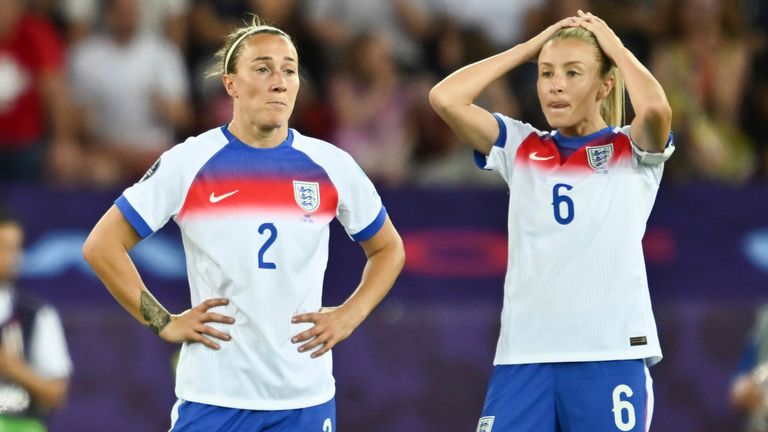 England's Lucy Bronze and Leah Williamson react after England conceded against France at the Women's Euros 2025