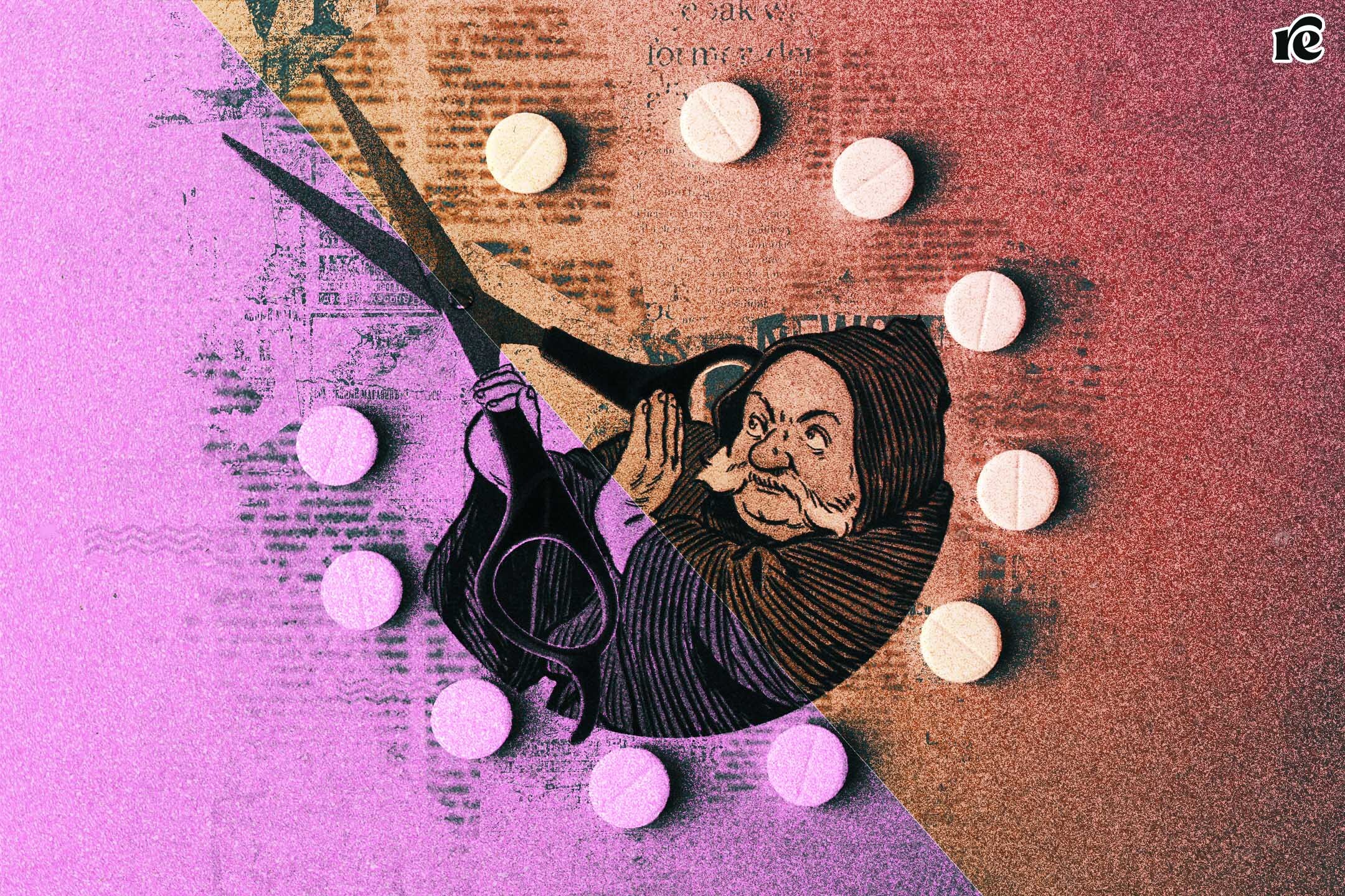 Illustration of Comstock holding a pair of scissors surrounded by pills