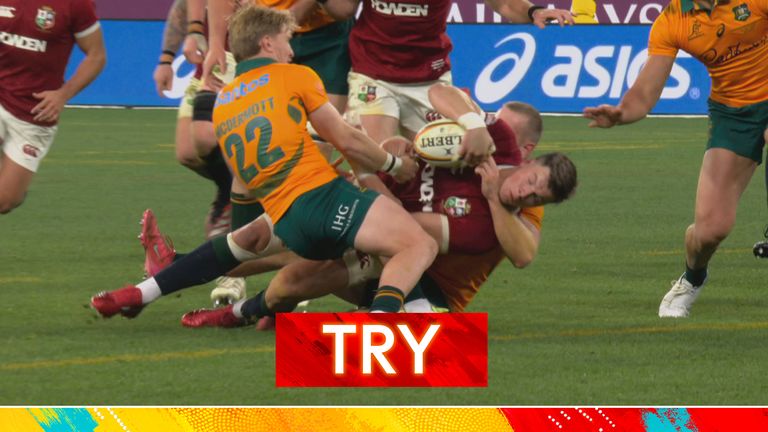 Huw Jones scores for the Lions in the second Test against Australia