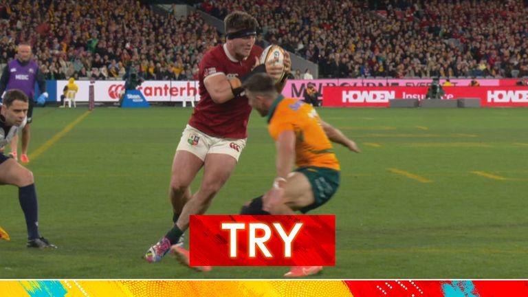 Tom Curry scores for the Lions in the second Test against Australia