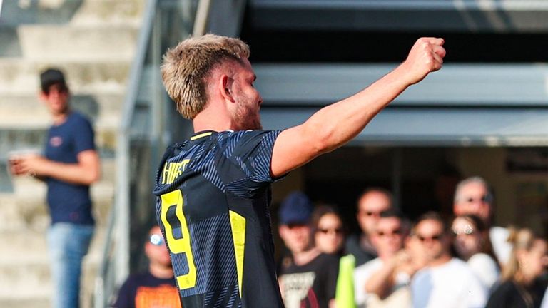 Scotland's George Hirst celebrates scoring to make it 3-0 vs Liechtenstein 