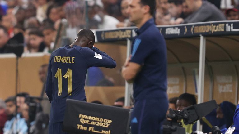 Ousmane Dembele of France reacts after being substituted in the first half during the FIFA World Cup Qatar 2022 final against Argentina