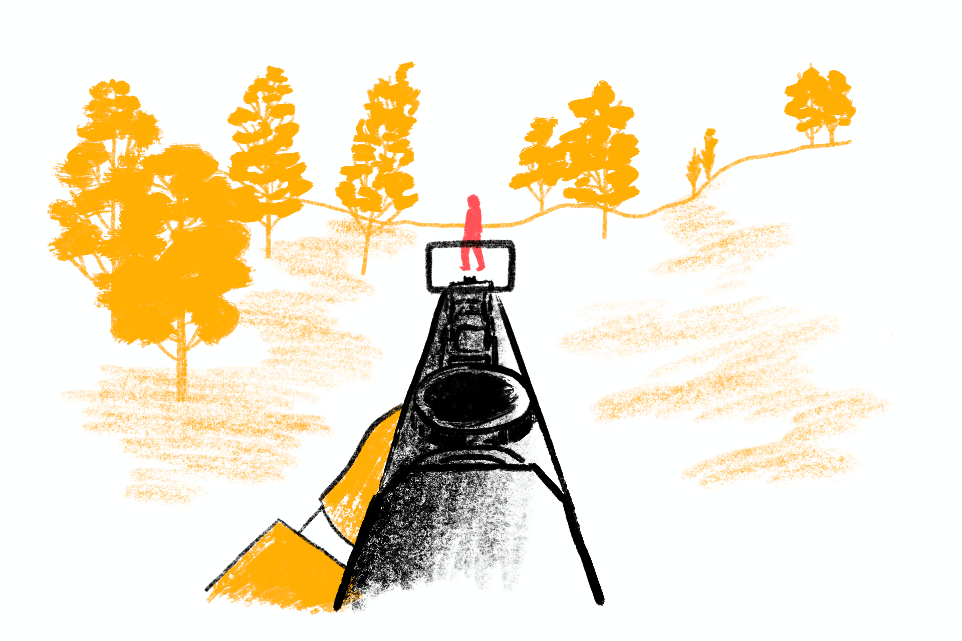 An illustrated scene of a woman walking through a landscape with trees. In the foreground someone points a gun with scope at her from the perspective of someone playing Call of Duty