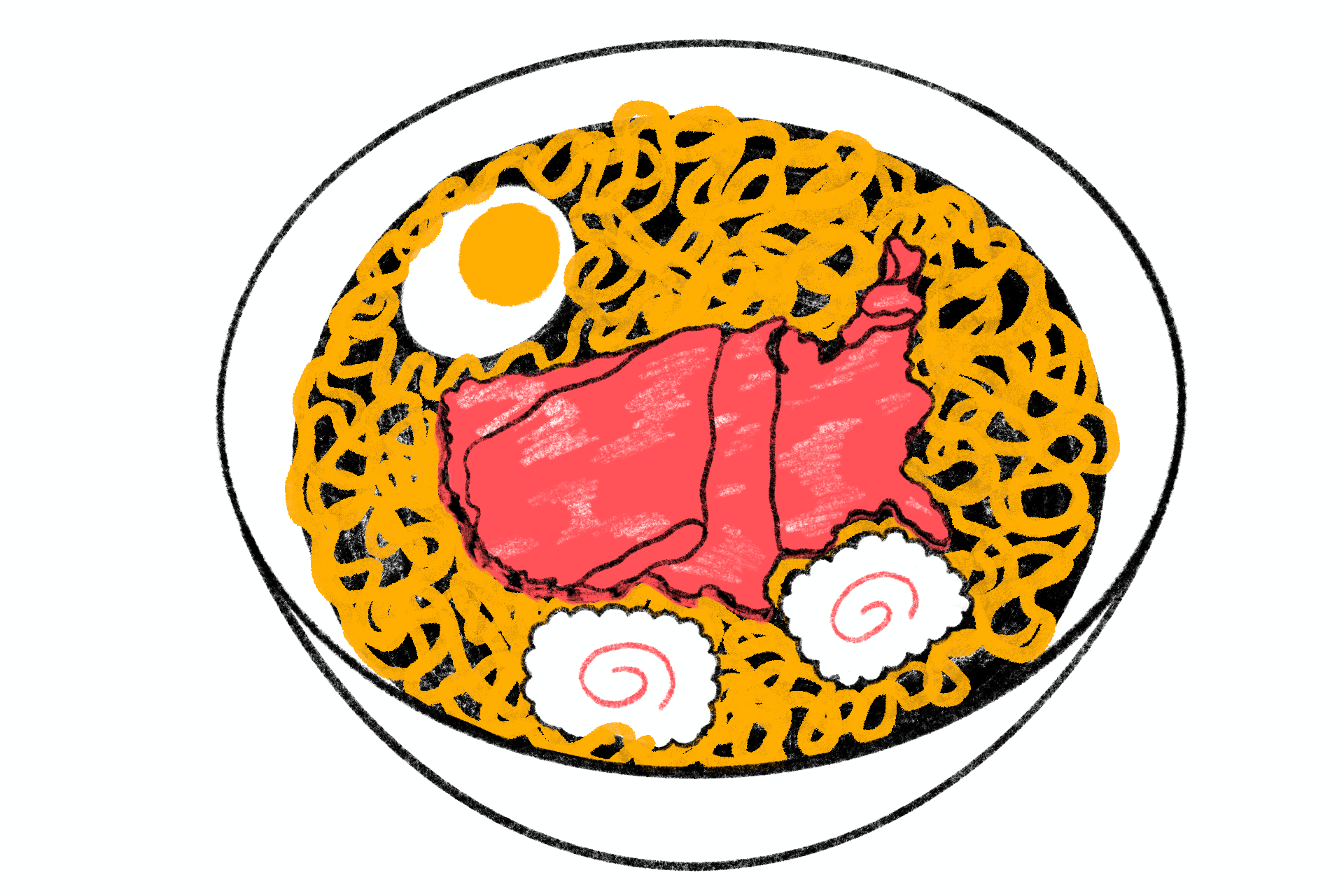 An illustration of a bowl of Ramen noodles with shaved beef in the shape of the United States of America