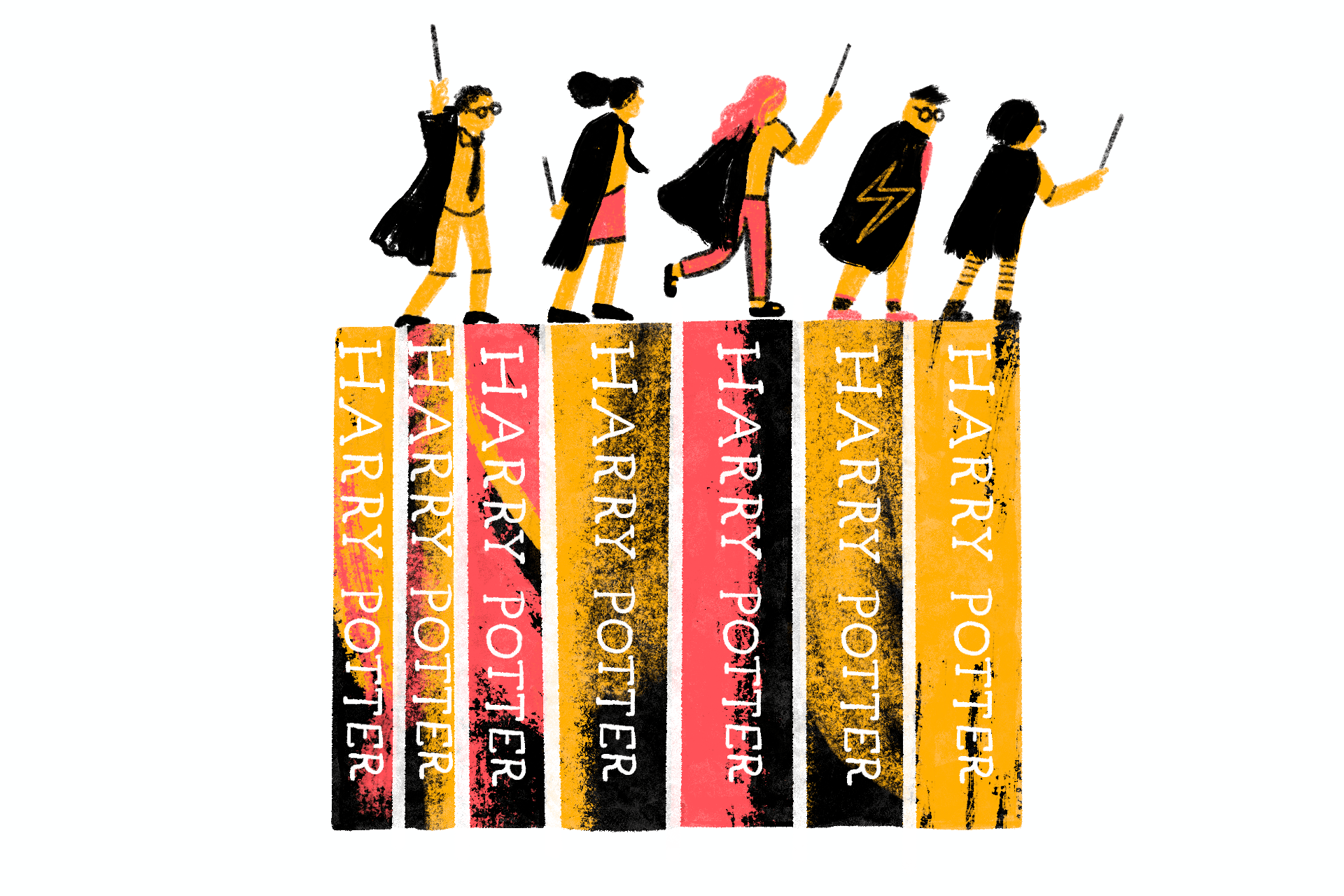 An illustration of several kids in cosplay walking over the full Harry Potter series of books