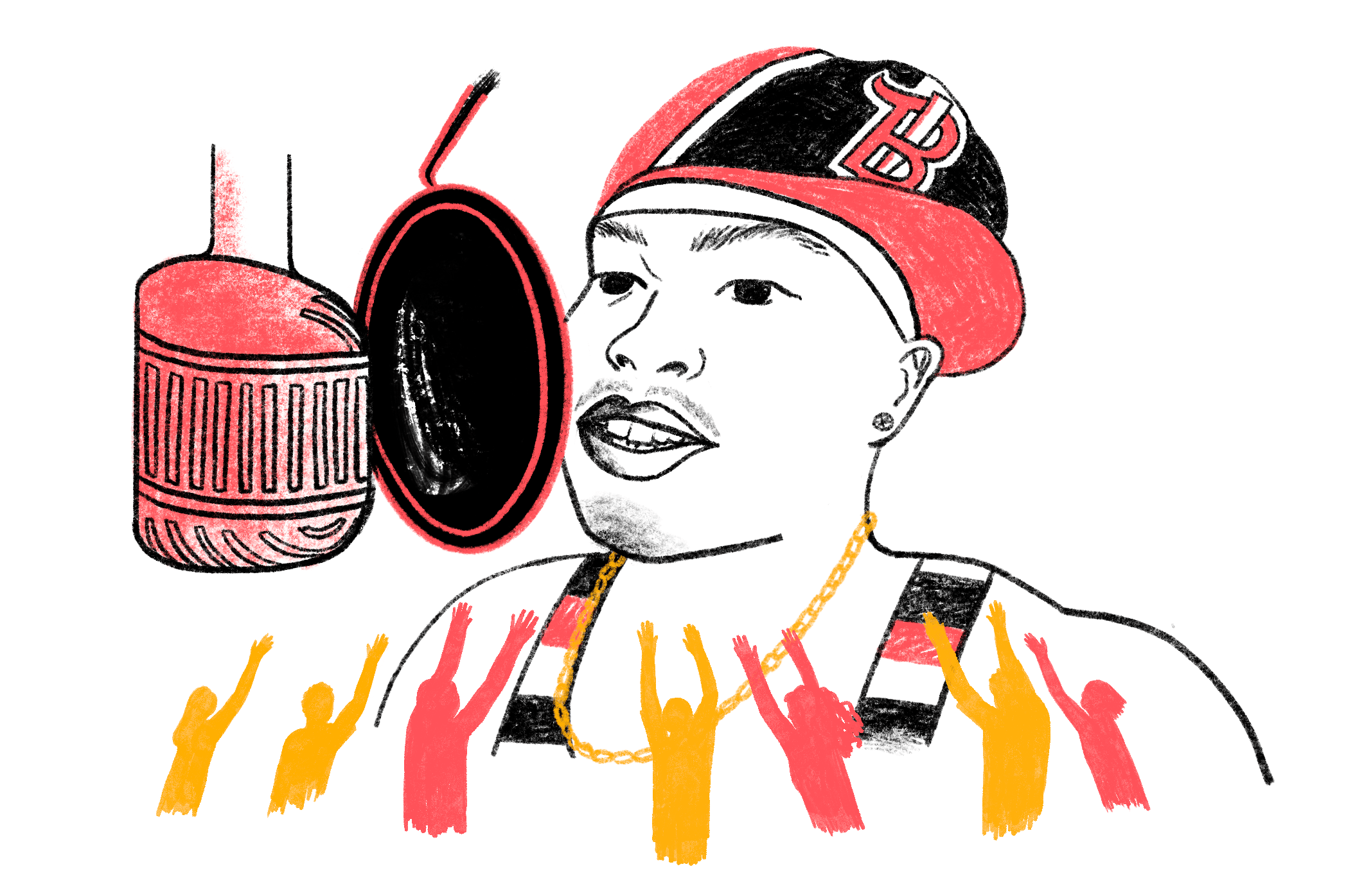 An illustration of 50 Cent from the In Da Club music video. Tiny fans are dancing along in the foreground.