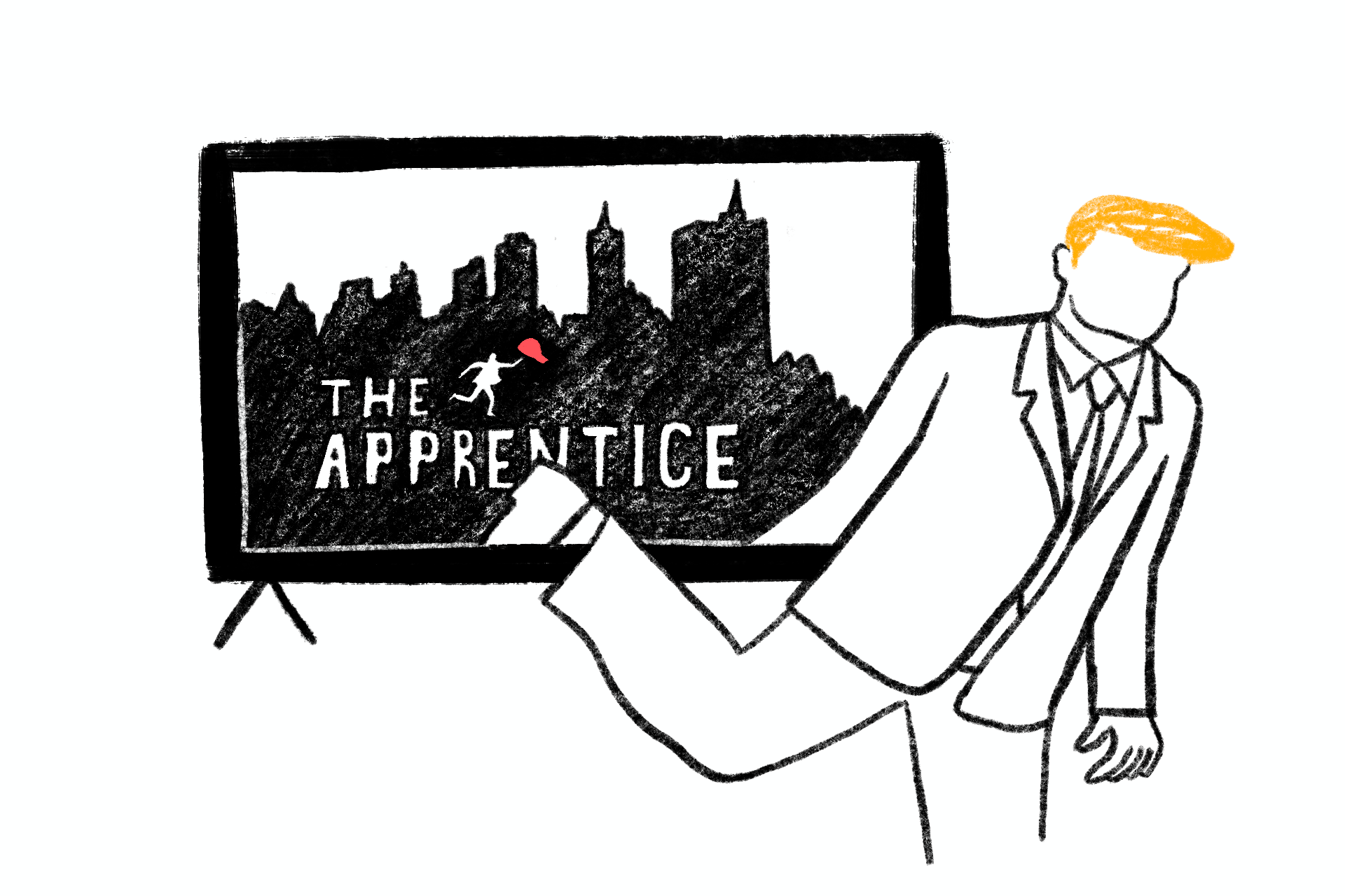An illustration of Donald Trump climbing out of a TV with “The Apprentice” opening scene on the screen.