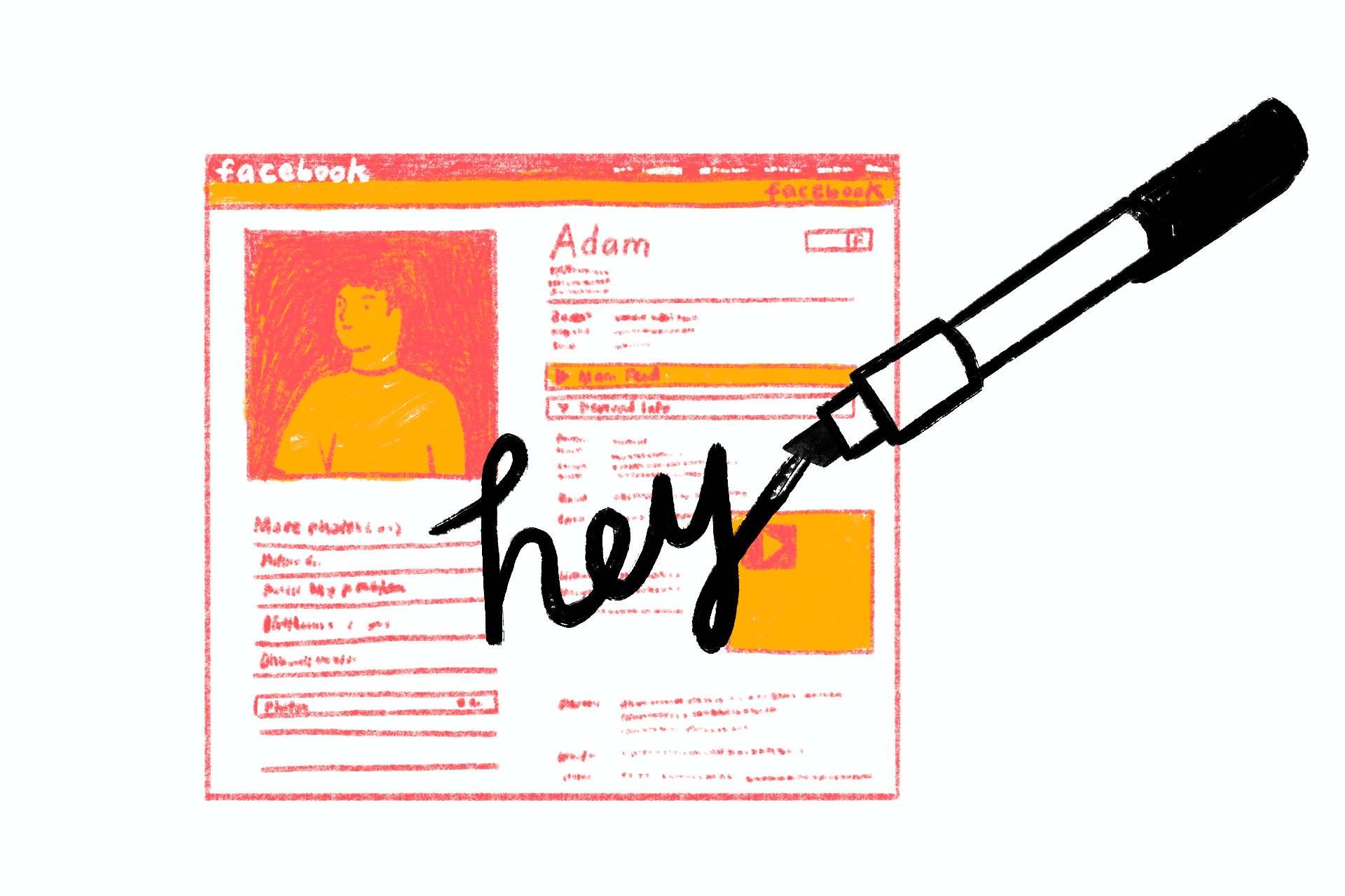 An illustrated facebook wall with a black marker atop, writing “hey”