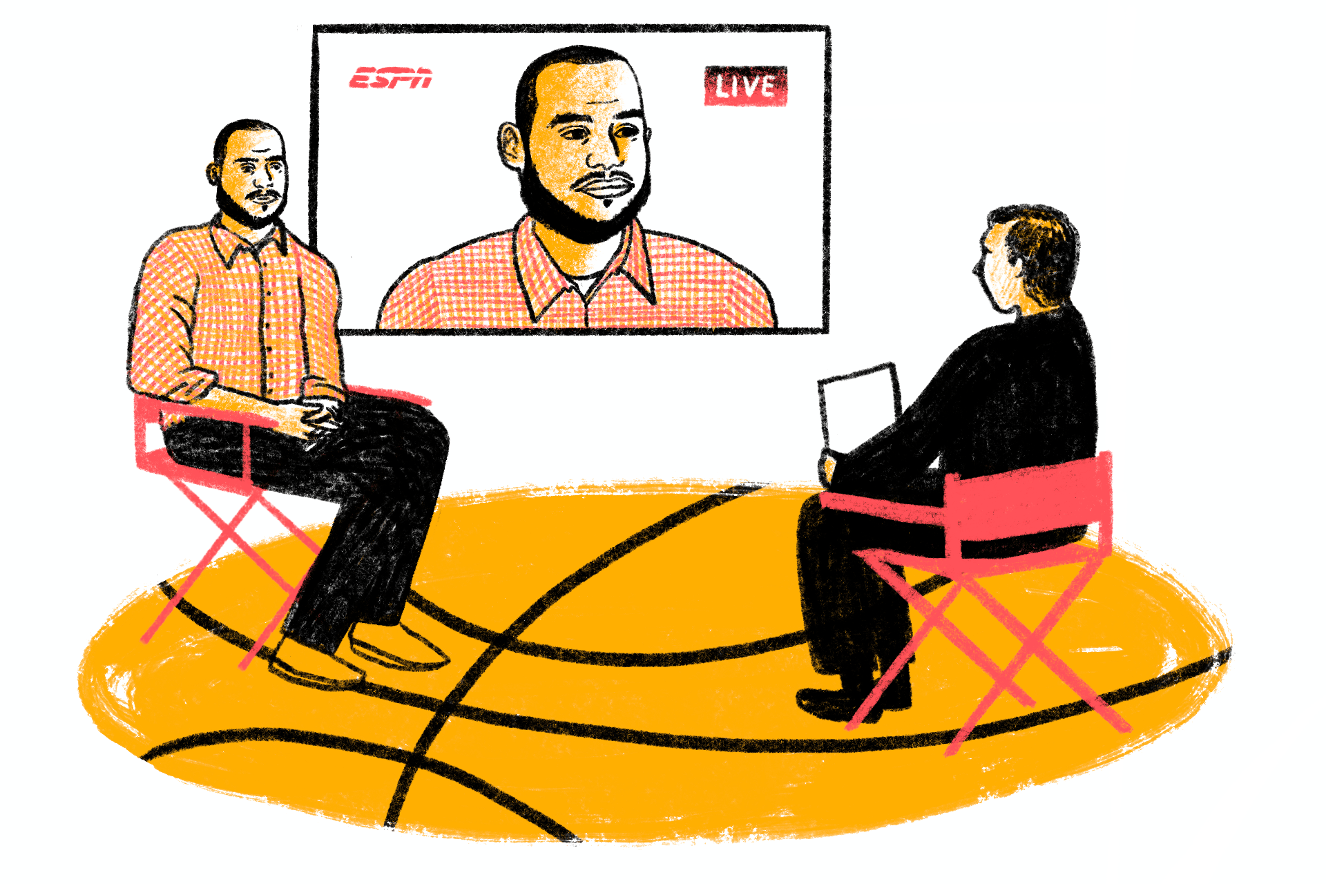 An illustration of LeBron James’ famous live interview taking place on top of a giant basketball-shaped rug