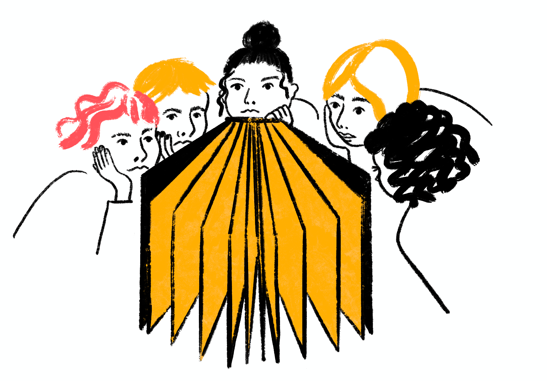 An illustration of five women leaning in toward a giant golden book
