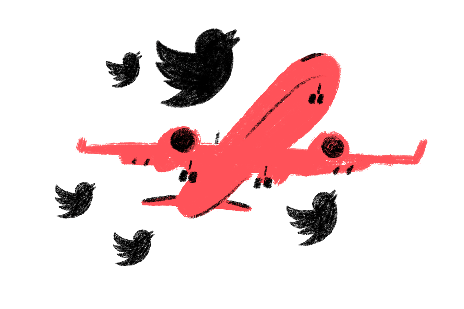An illustrated plane taking off with several Twitter logos flying nearby