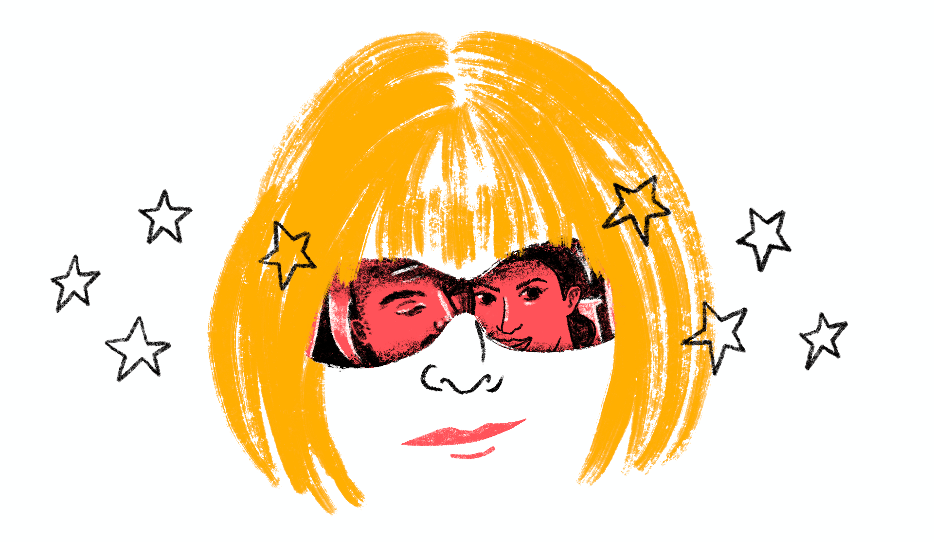 An illustration of Anna Wintour with a reflected image of Kim and Kanye’s Vogue cover seen in her sunglasses.