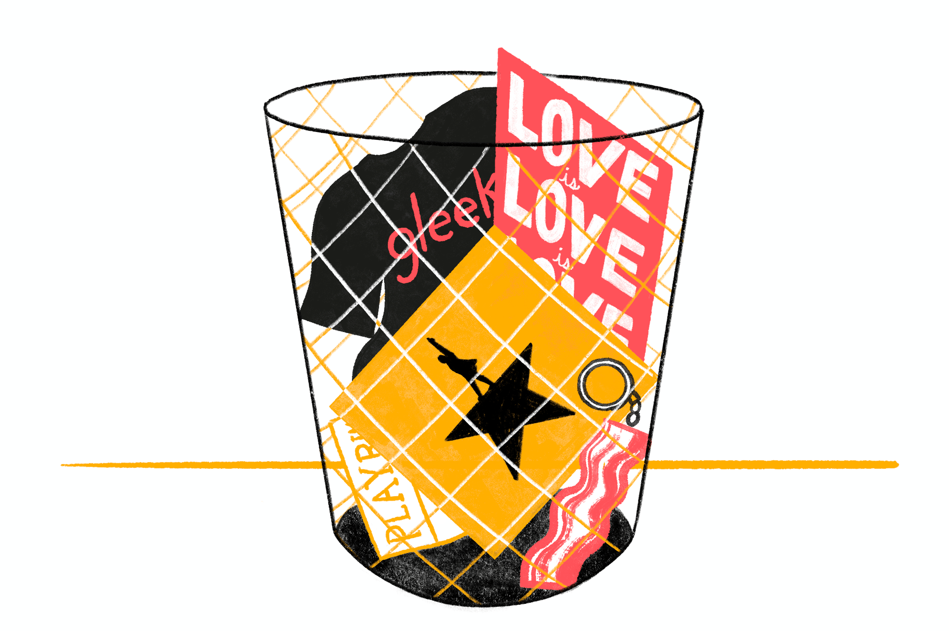 An illustrated waste basket filled with a playbill, a gleek shirt, a poster reading “love is love is love,” a bacon key chain, and a Hamilton album