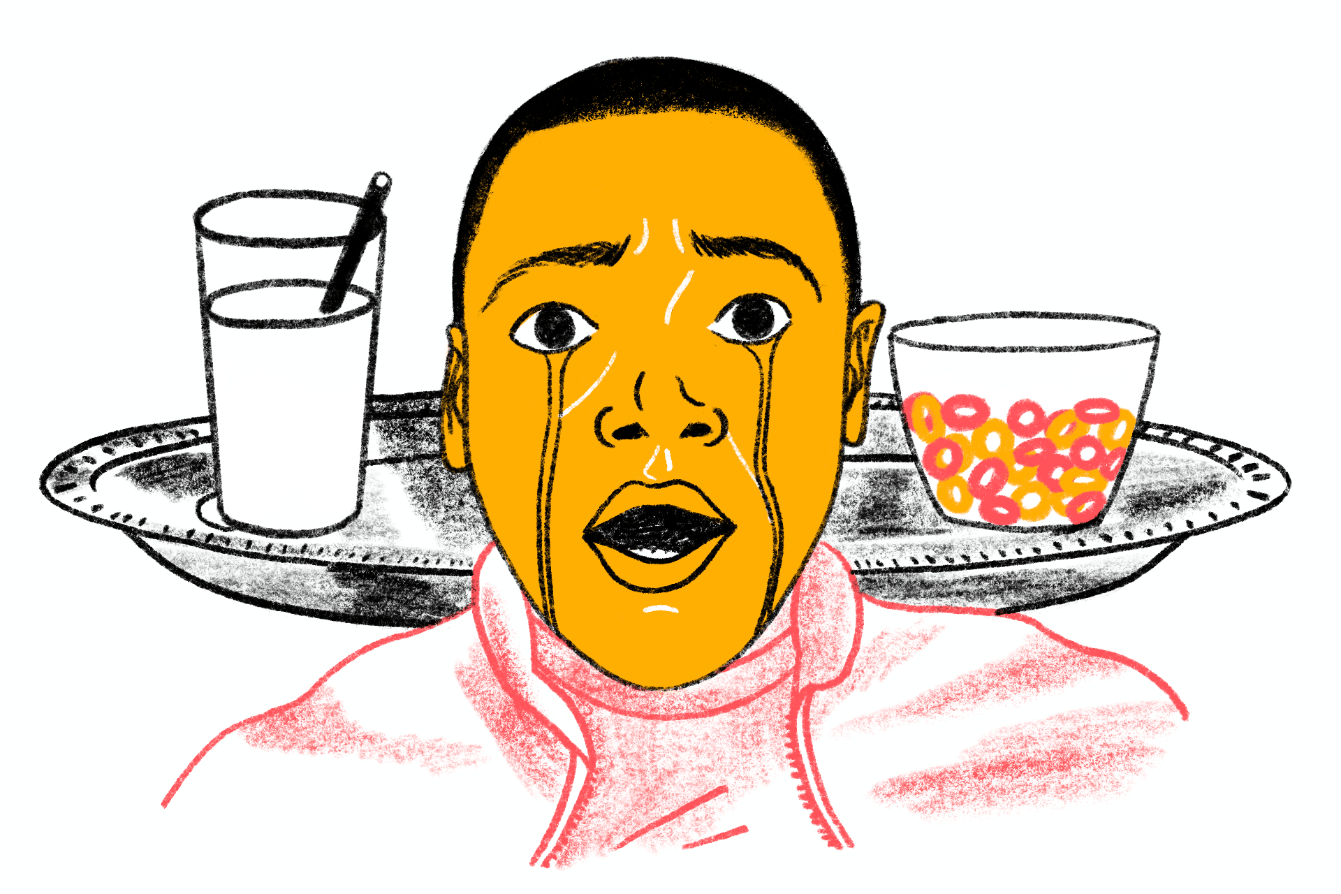 An illustration of Daniel from Get Out in front of a glass of milk and bowl of fruit loops on a silver platter