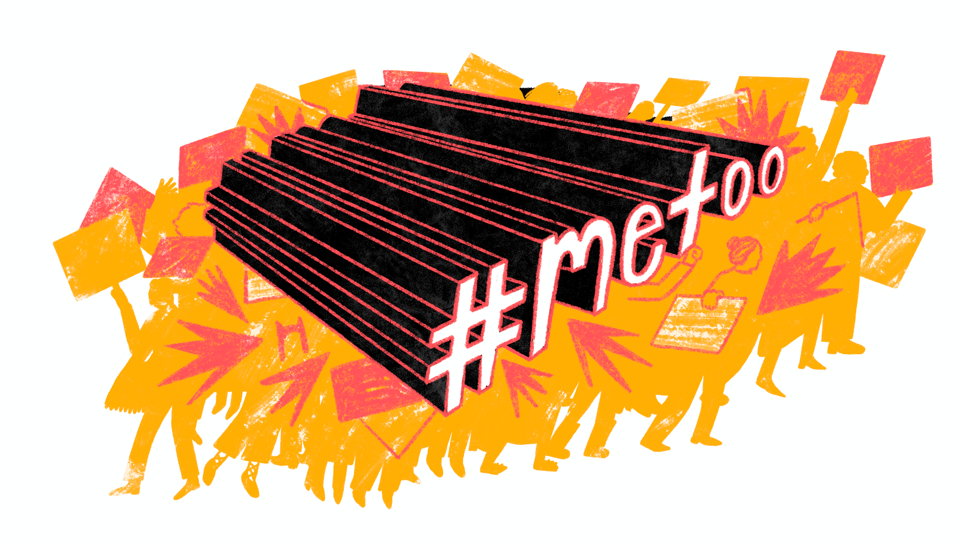An illustrated protest scene with “#metoo” lettered atop