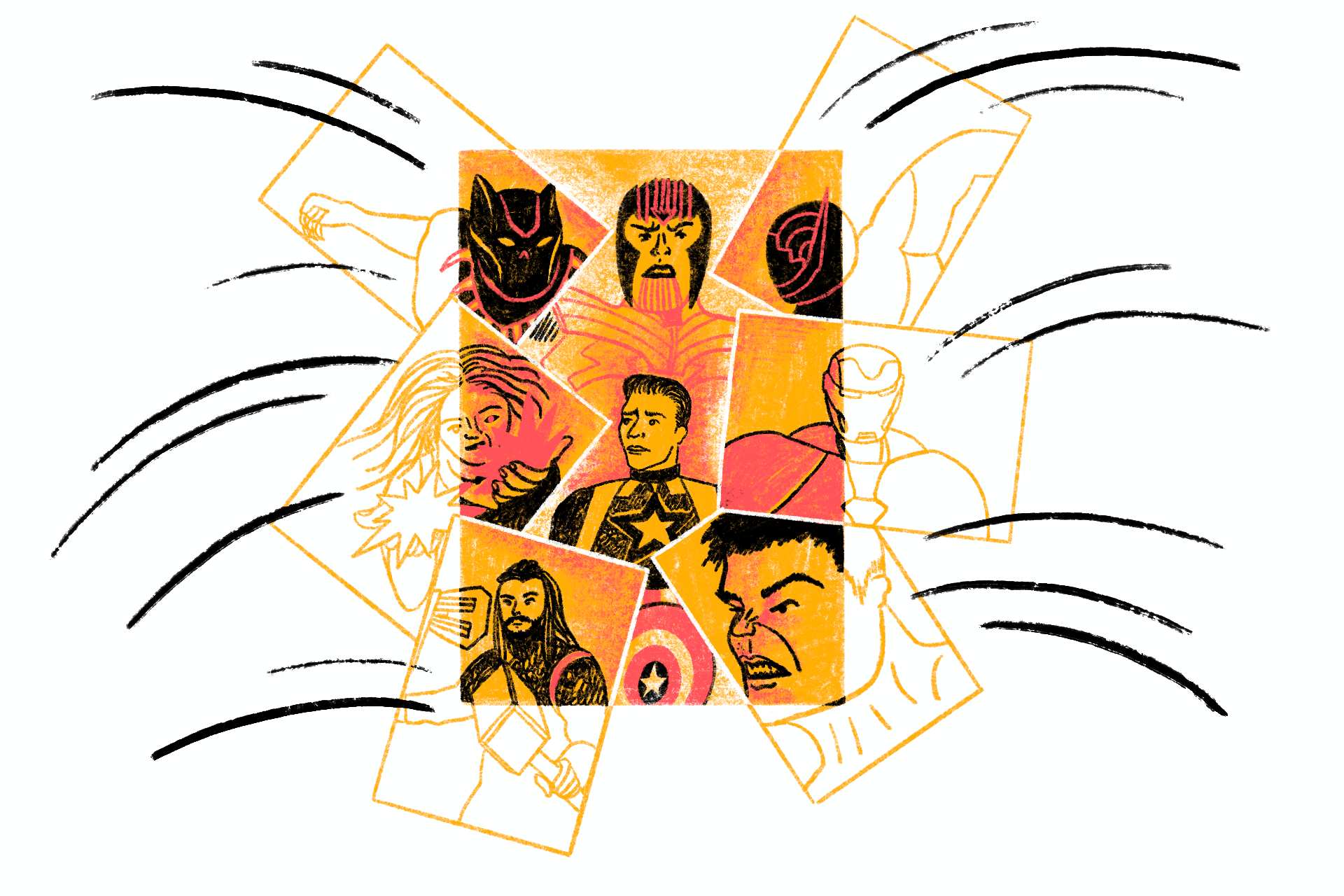An illustration of several characters from Avengers Endgame combining into a single scene
