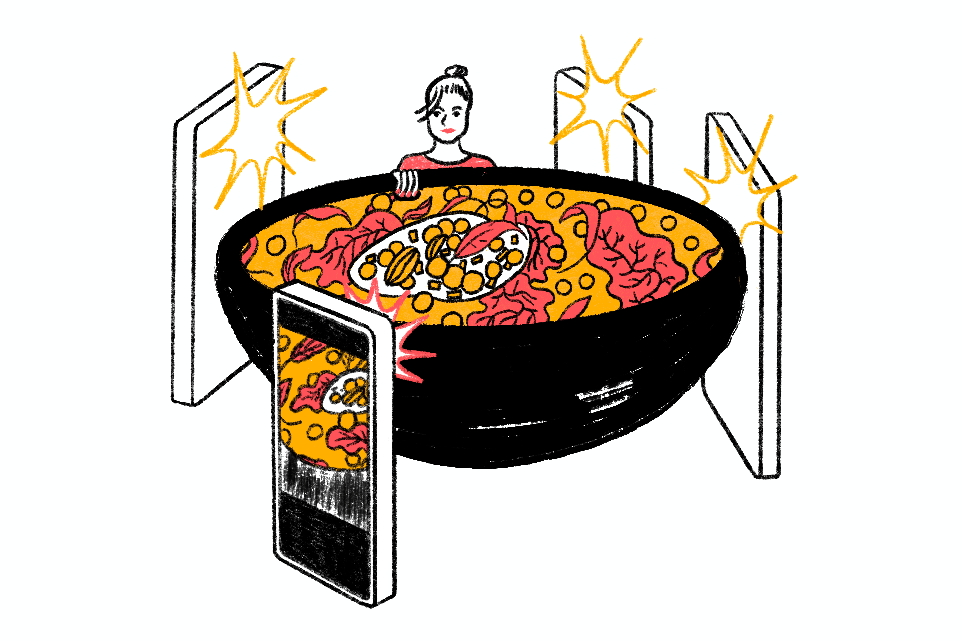 An illustration of Alison Roman standing behind a giant bowl of her famous stew. Several iphones crowd around while taking photos