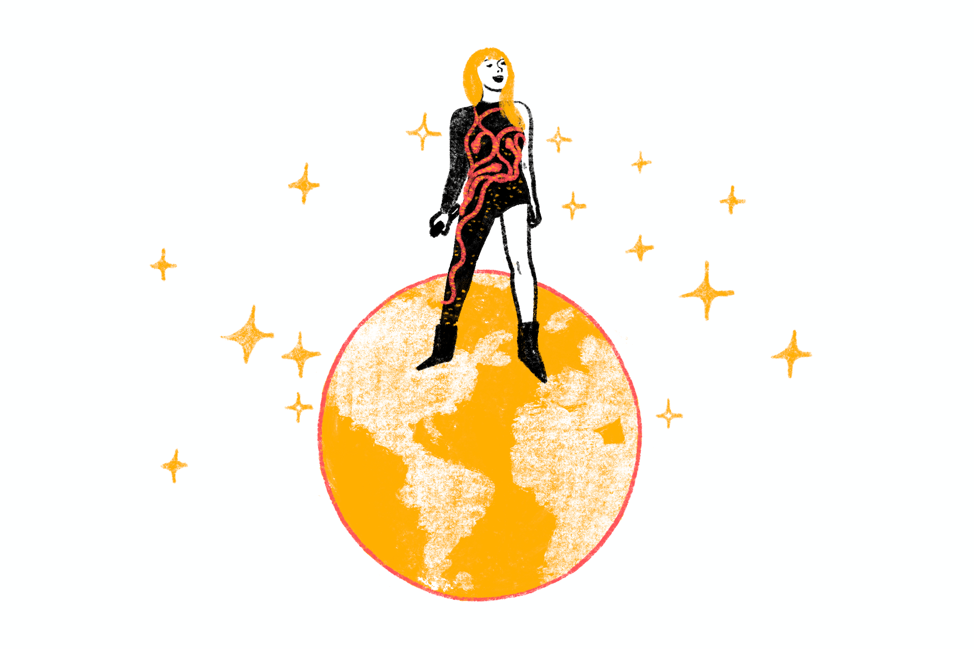 An illustration of Taylor Swift standing atop the Earth while wearing her one-legged Eras costume and holding a microphone