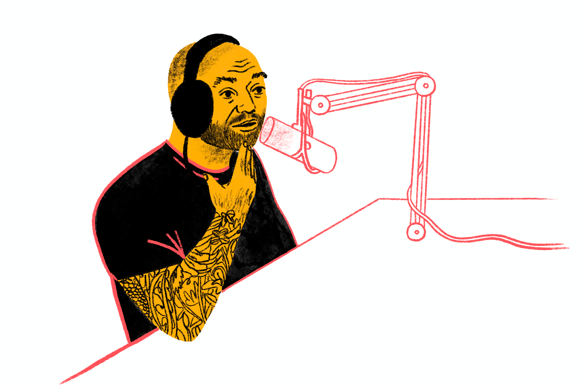 An illustration of Joe Rogan with his hand on his chin sitting at a table with a podcasting microphone