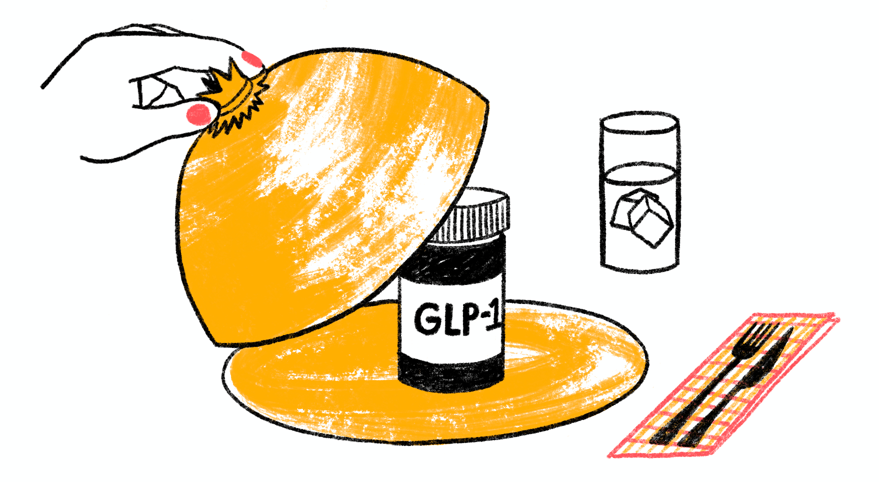 An illustration of a hand uncovering a pill bottle reading “GLP-1” on a gold plate with place setting surrounding