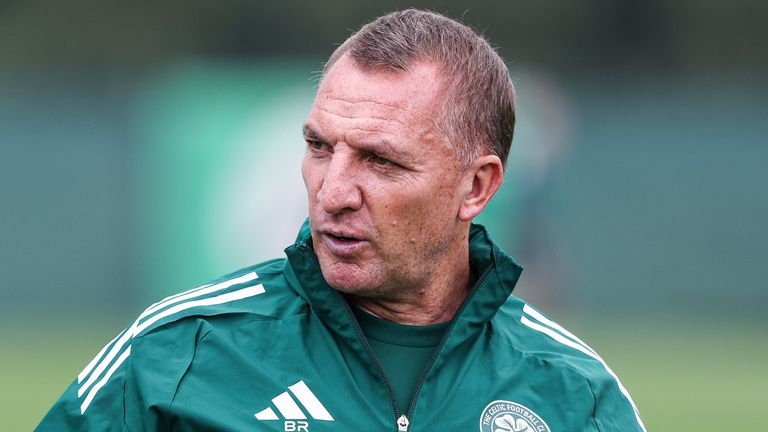 LENNOXTOWN, SCOTLAND - AUGUST 14: Celtic Manager Brendan Rodgers during a Celtic training session at Lennoxtown Training Centre, on August 14, 2025, in Lennoxtown, Scotland.  (Photo by Craig Williamson / SNS Group)