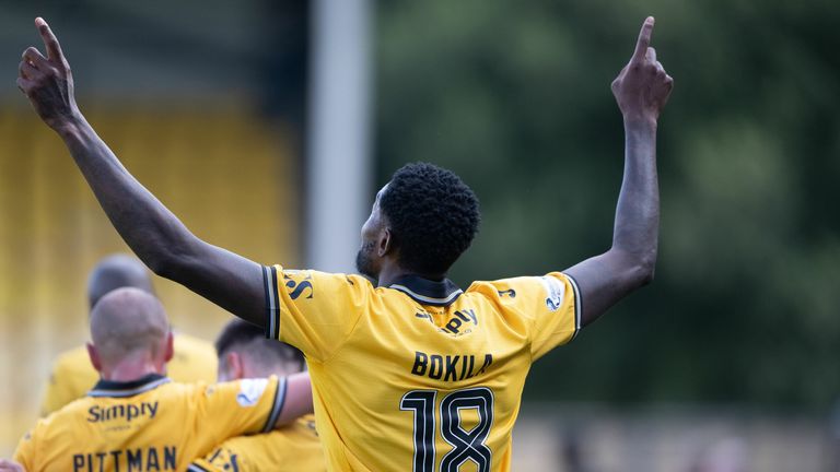 LIVINGSTON, SCOTLAND - AUGUST 09: Livingston's Jeremy Bokila celebrates as he scores to make it 3-1 during a William Hill Premiership match between Livingston and Falkirk at the Home of the Set Fare Arena, on August 09, 2025, in Livingston, Scotland. (Photo by Paul Devlin / SNS Group)