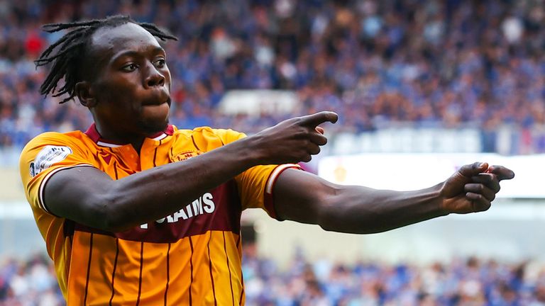  Motherwell's Emmanuel Longelo celebrates after scoring to make it 1-1 against Rangers