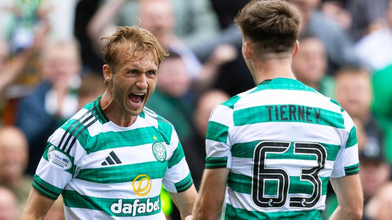 Benjamin Nygren celebrates with Kieran Tierney after giving Celtic the lead at Aberdeen