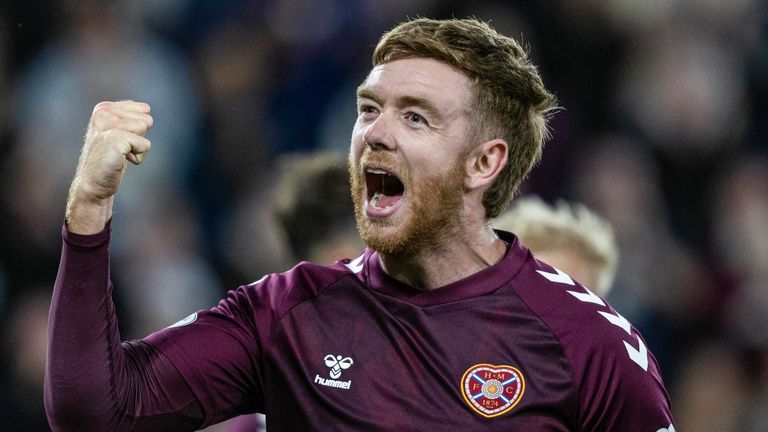 Hearts' Stuart Findlay celebrates after scoring to make it 2-0 