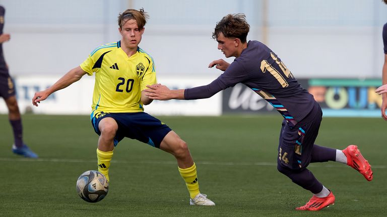 Love Arrhov in action for Sweden U17s against England and Arsenal's Max Dowman last year