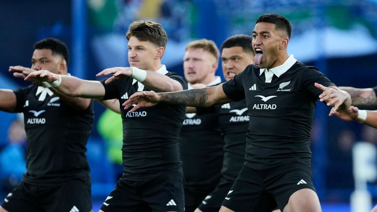 New Zealand's All Blacks players perform the Haka prior to a rugby championship match against Argentina's Los Pumas in Buenos Aires, Argentina, Saturday, Aug. 23, 2025. (AP Photo/Gustavo Garello)