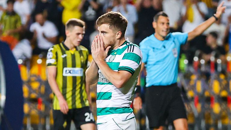 ALMATY, KAZAKHSTAN - AUGUST 26: Celtic's James Forrest reacts as his headed shot is saved by Kairat's Temirlan Anarbekov during a UEFA Champions League Play-Off Secong Leg match between Kairat Almaty and Celtic at the Almaty Ortalyk Stadion, on August 26, 2025, in Almaty, Kazakhstan.  (Photo by Craig Williamson / SNS Group)